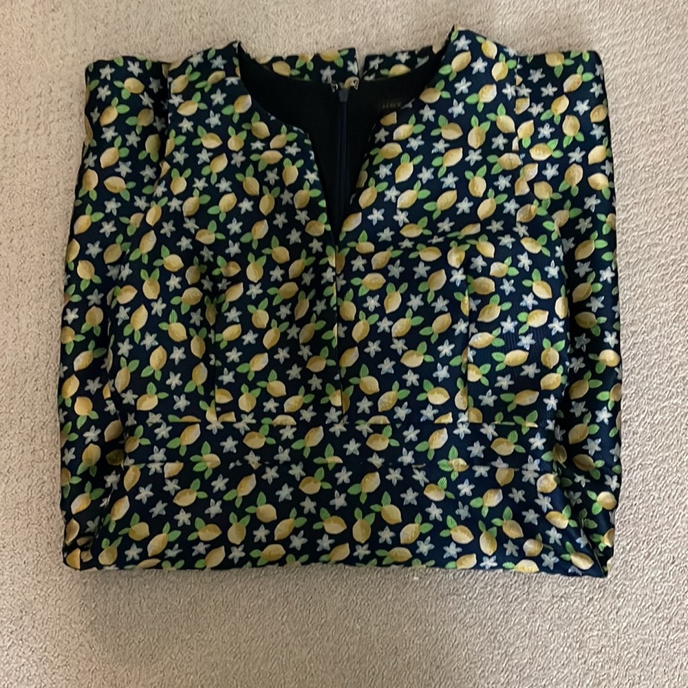 J Crew navy jacquard sheath dress with lemons size: 6